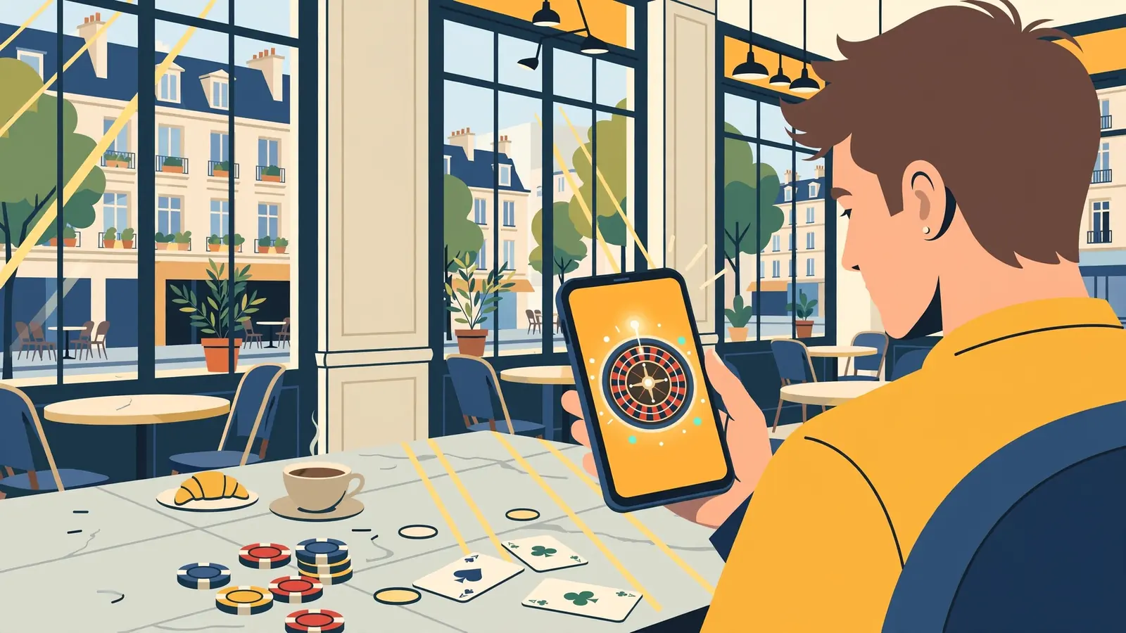 Jeune adulte dans un café parisien avec smartphone et jetons de casino