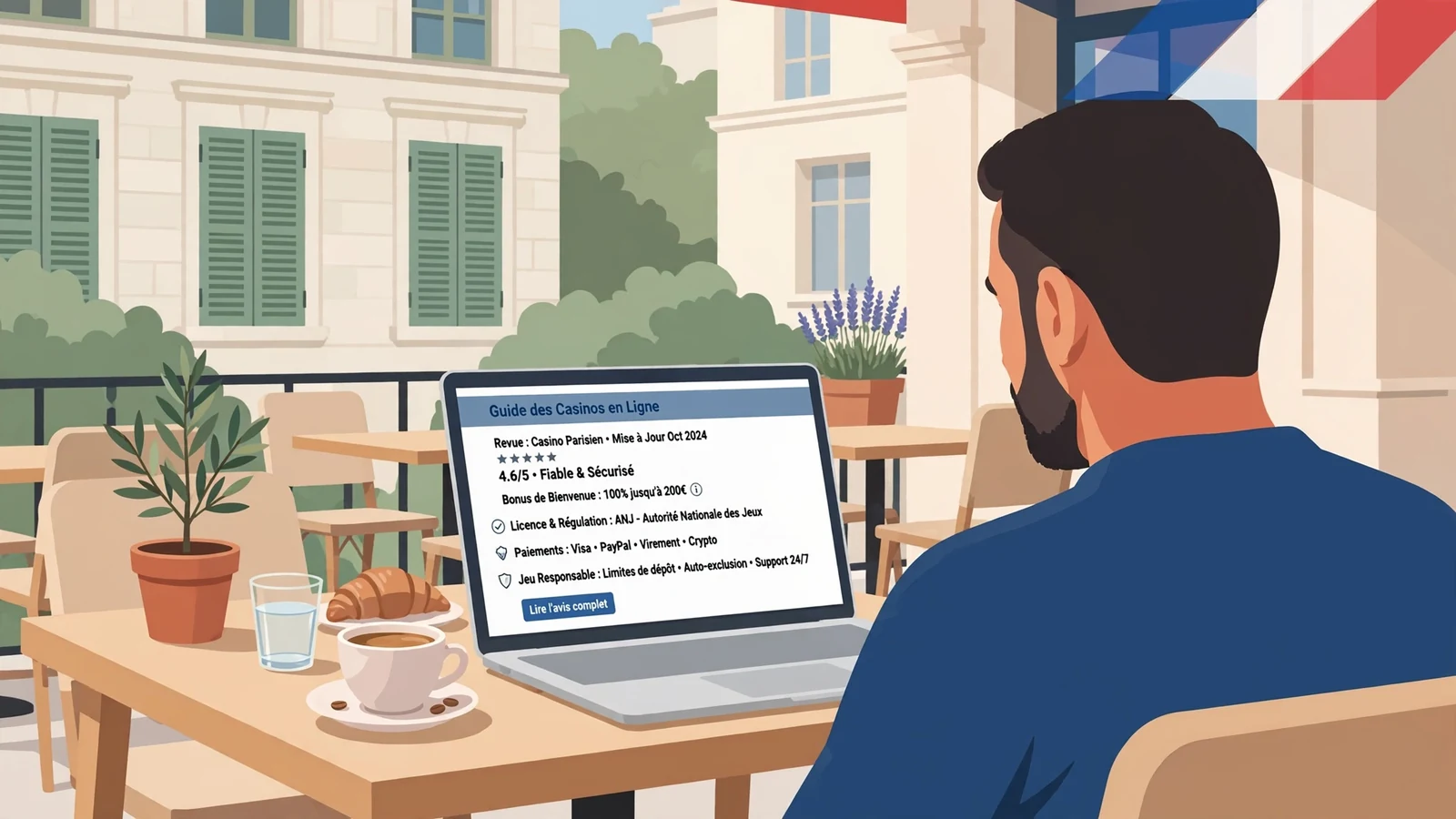 Terrasse de café française avec ordinateur portable et café.