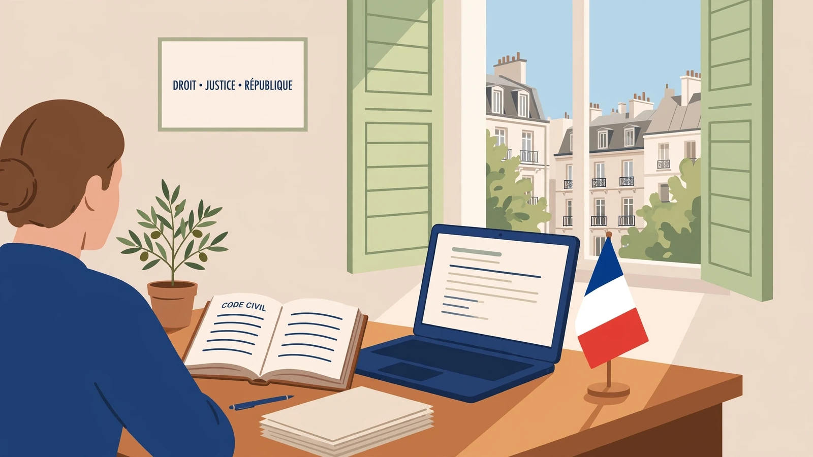 Bureau français moderne avec livre juridique et drapeau.