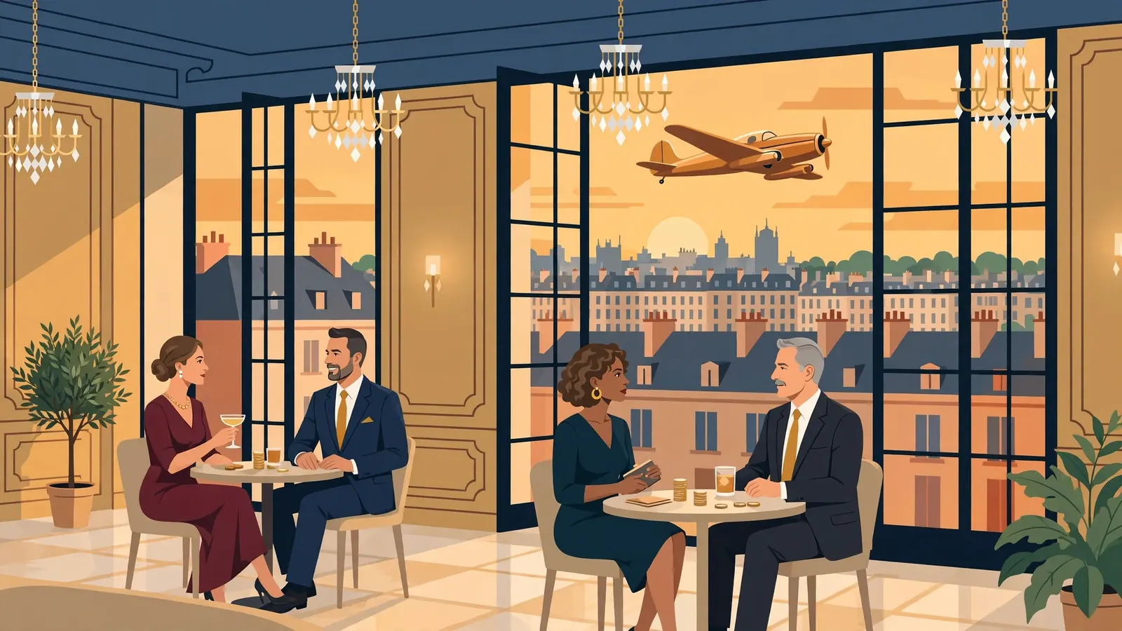Avion vintage au-dessus d'un casino français élégant, lumière du soir.
