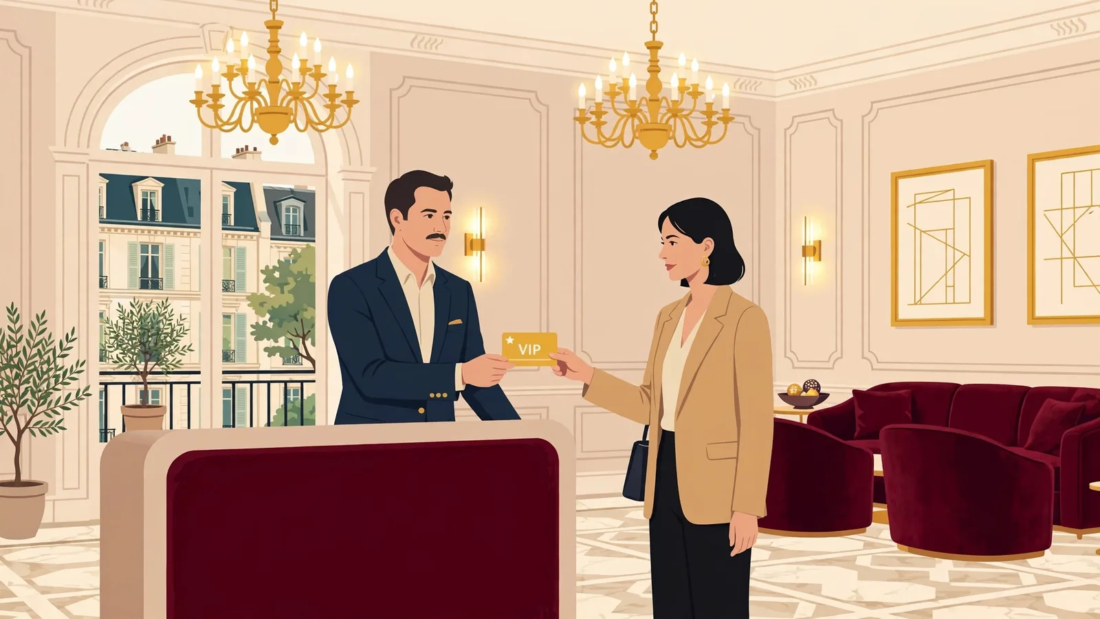 Casino français luxueux avec client VIP recevant carte dorée