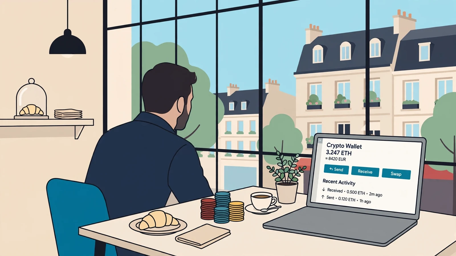 Café français moderne avec ordinateur portable, tasse d'espresso et jetons de casino, lumière du jour