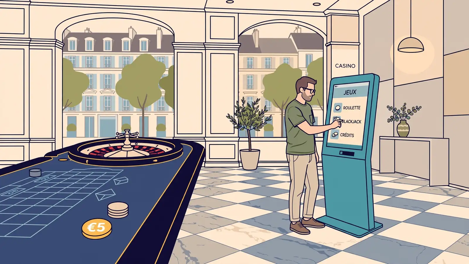 Lobby de casino français, table de roulette, jeton 5 €