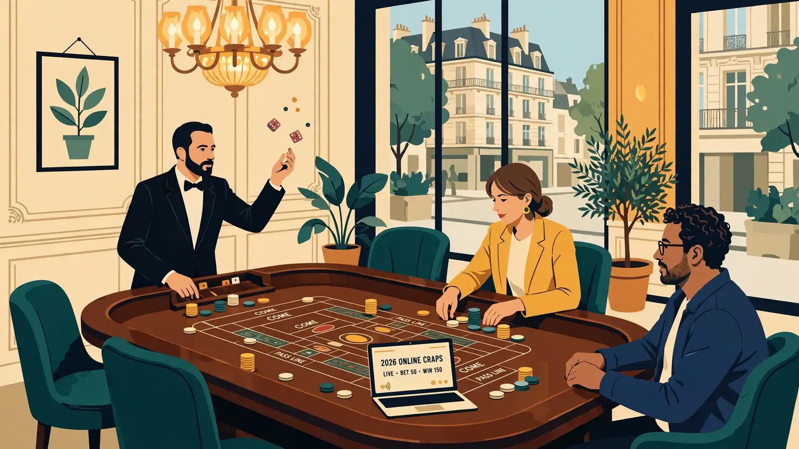 Intérieur d'un casino parisien avec table de craps, lumière chaude, croupier lançant les dés