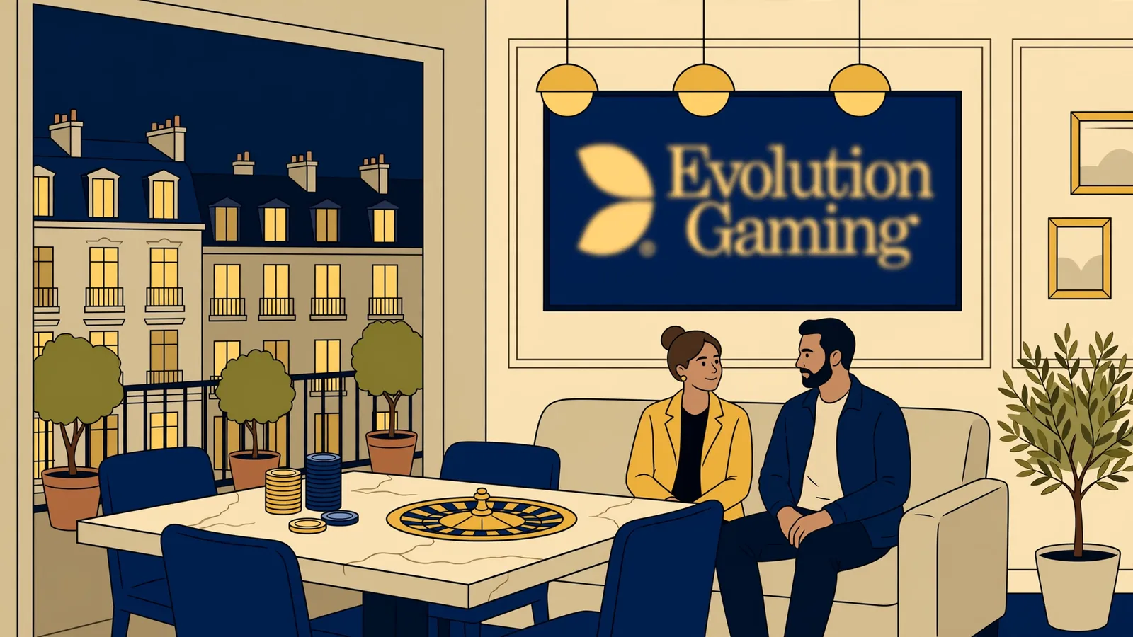 Lounge de casino parisien élégant avec lumières dorées