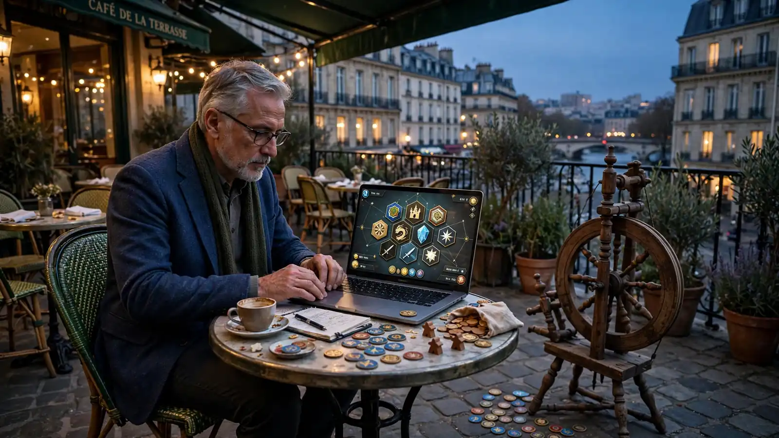 Terrasse de café parisien avec ordinateur portable et roulette, ambiance nocturne
