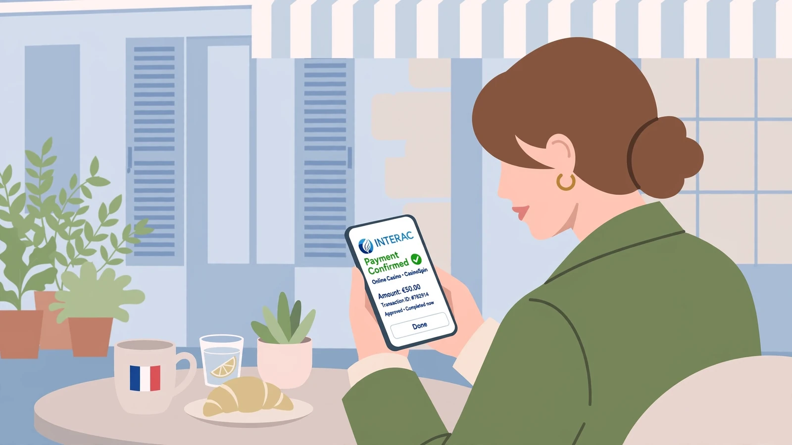 Femme utilisant Interac sur smartphone dans café français