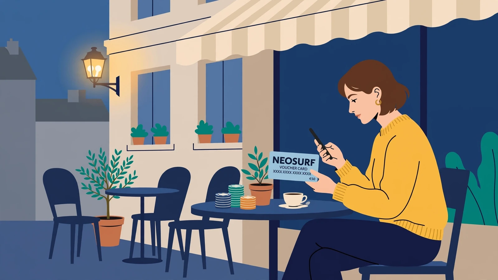 Terrasse de café française avec carte Neosurf et jetons de casino
