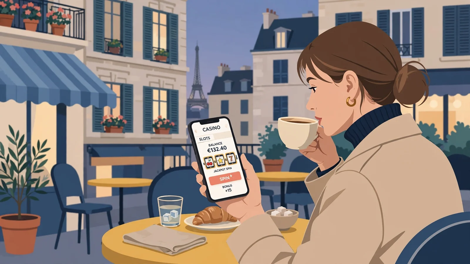 Femme élégante au café parisien avec smartphone et tour Eiffel en arrière-plan