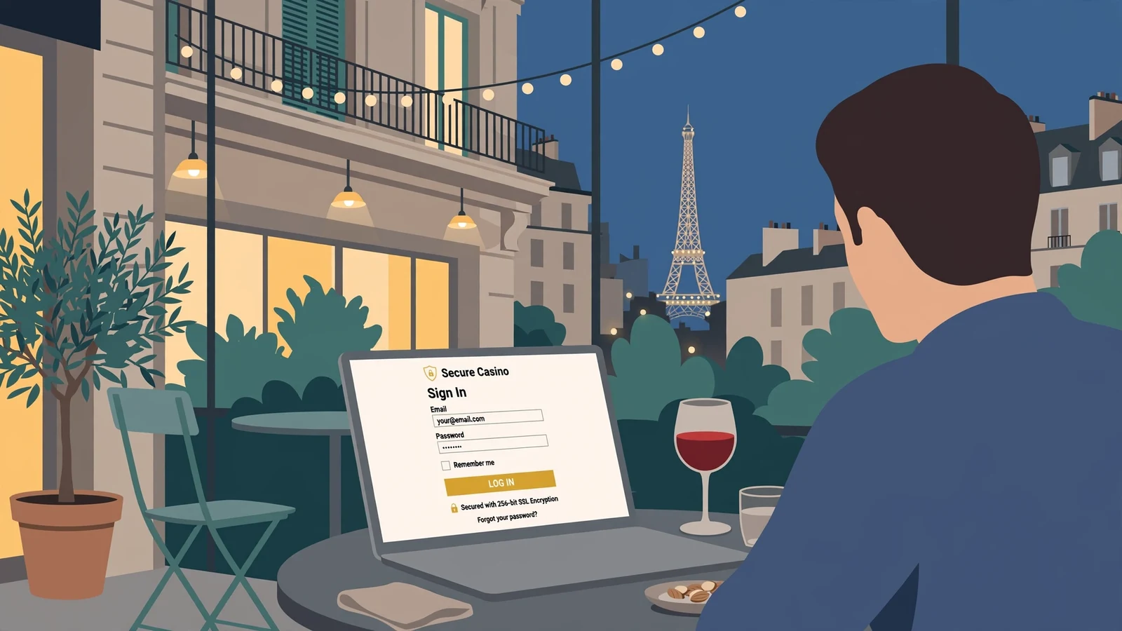 Terrasse française avec ordinateur affichant un casino sécurisé