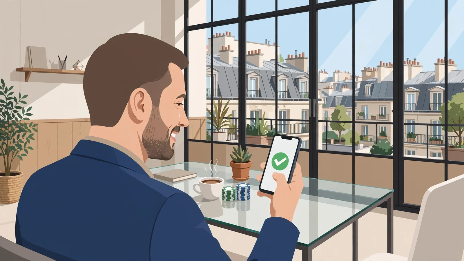 Homme d'affaires tenant un smartphone avec un check vert dans un bureau parisien lumineux