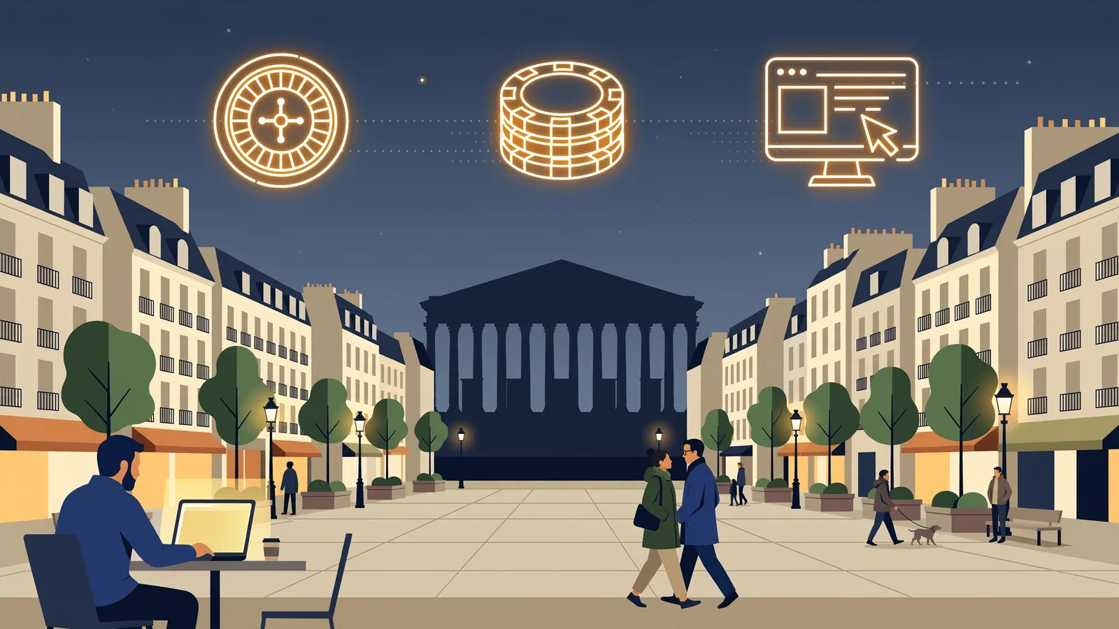 Vue nocturne de la place française avec le Palais Bourbon et icônes de jeux en ligne