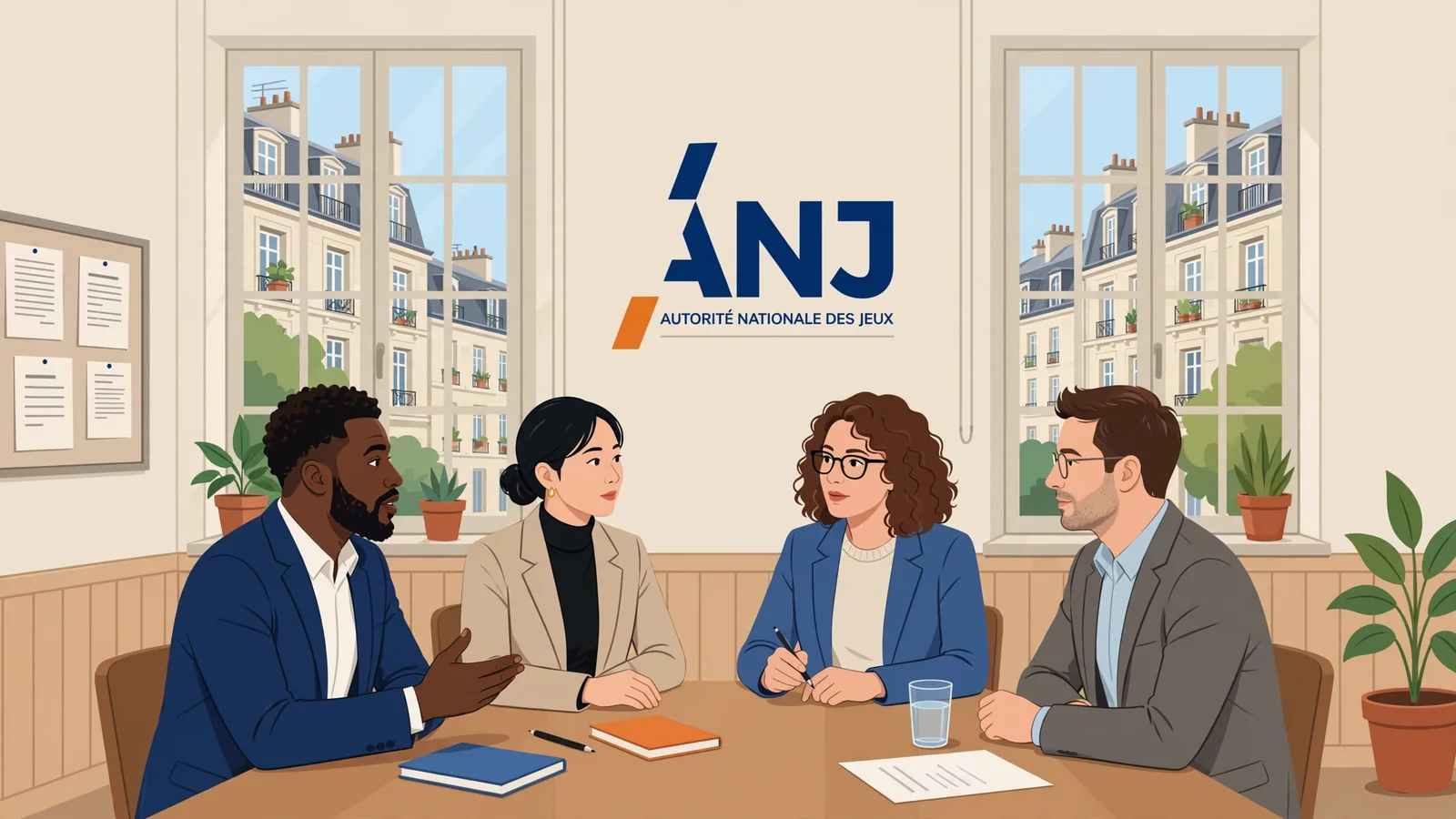 Intérieur d'un bureau français avec des acteurs de l'ANJ en réunion