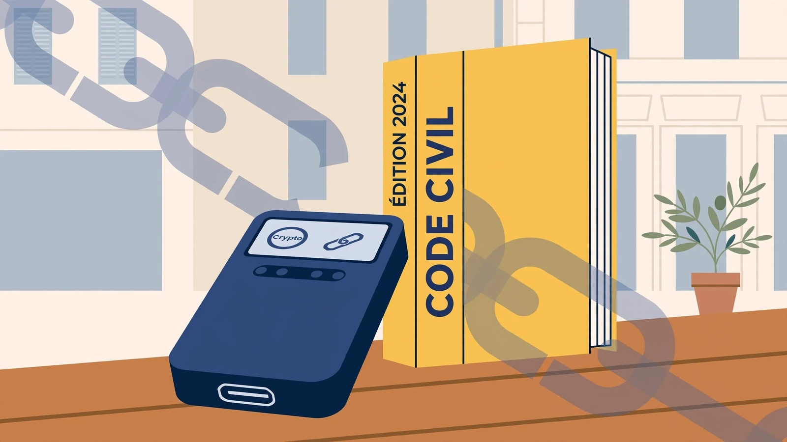 Portefeuille crypto à côté d'un code juridique français
