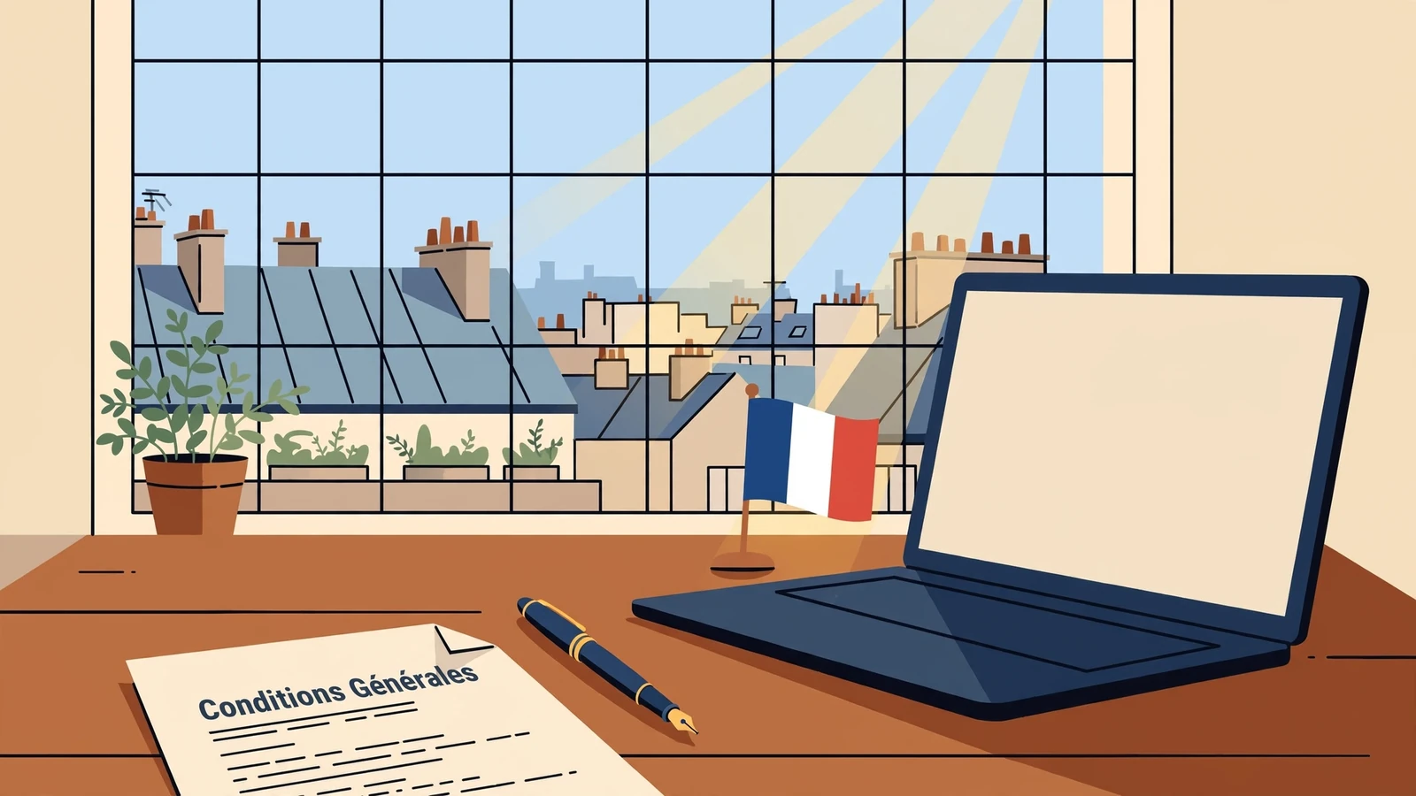 Scène juridique française avec documents et drapeau français.
