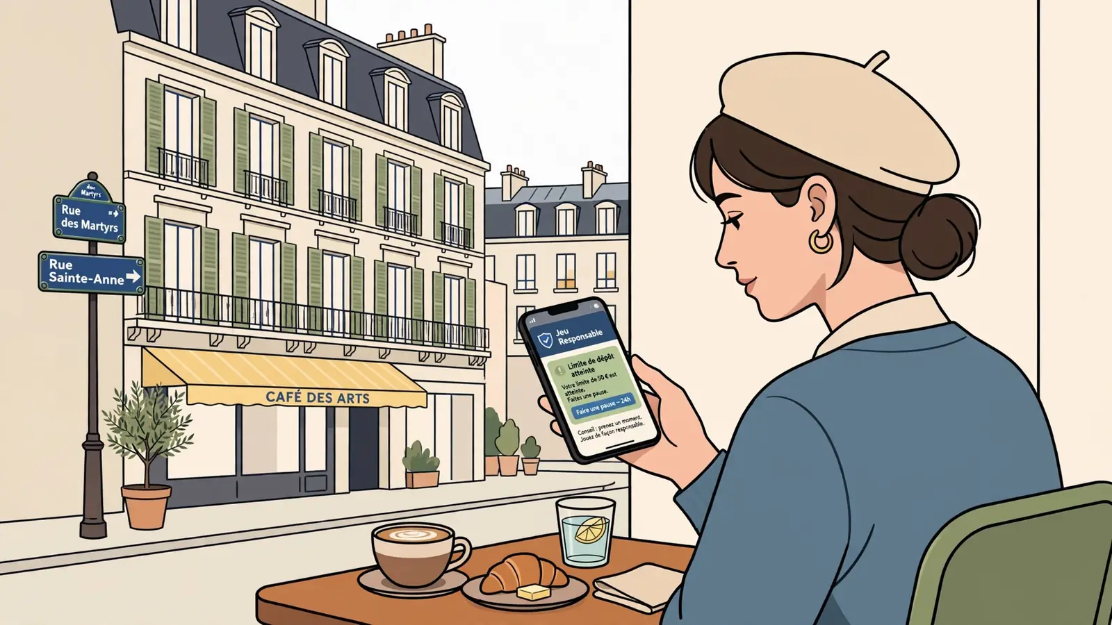 Jeune femme française voyant notification de jeu responsable dans un café parisien