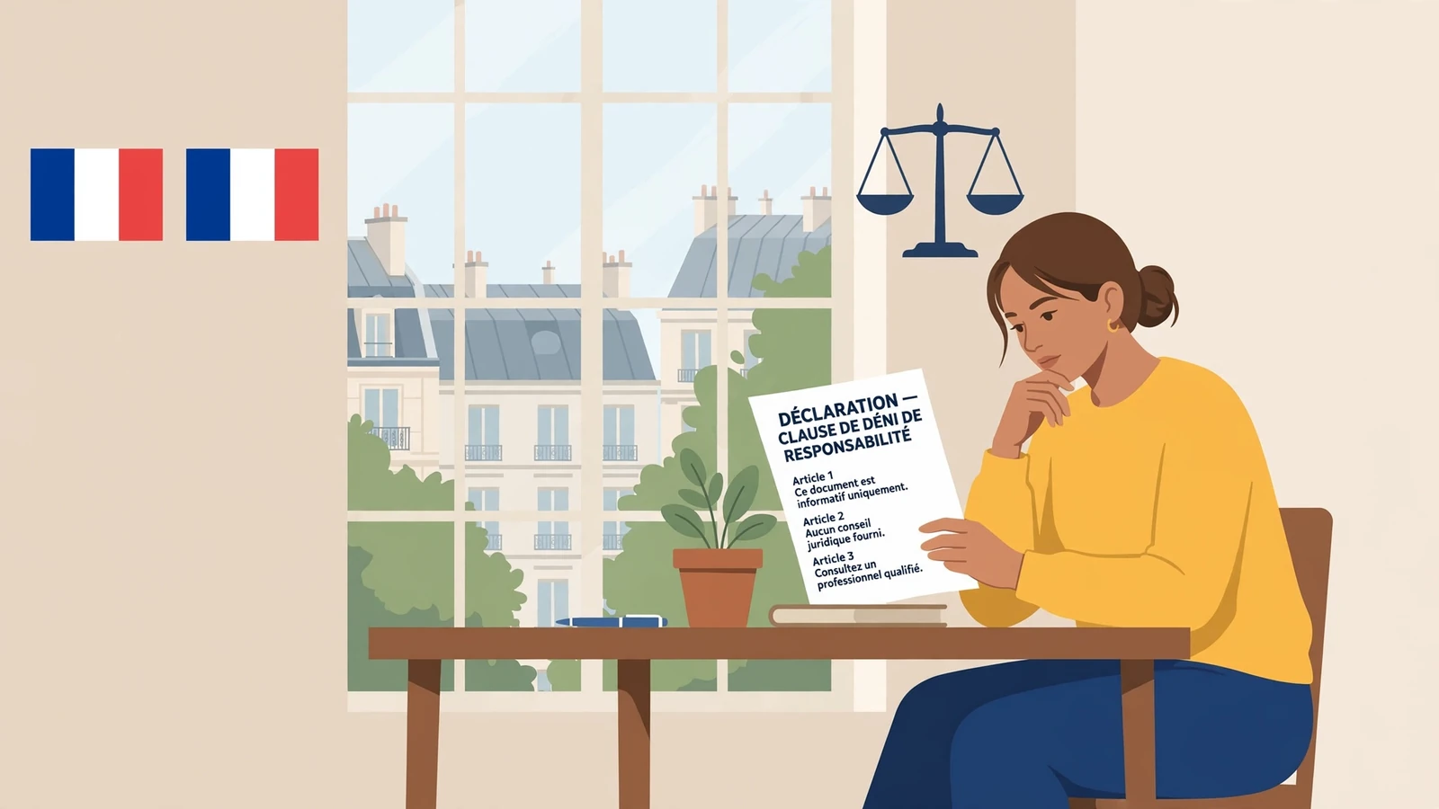 Jeune femme lisant un avertissement juridique dans un bureau parisien.