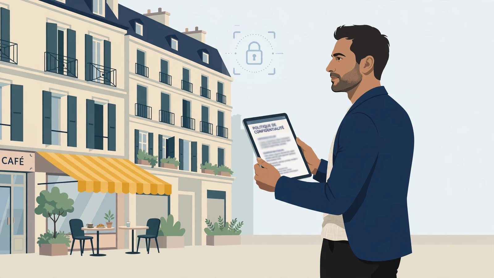 Professionnel français devant un bâtiment parisien avec un symbole de verrouillage.